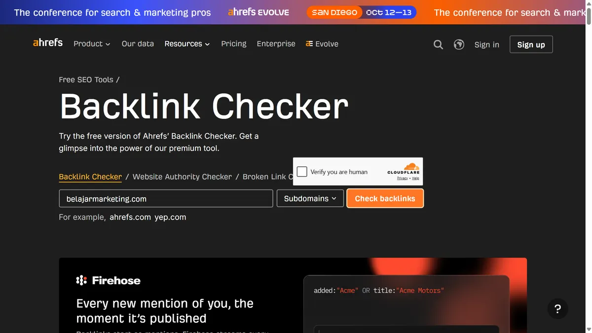 Kotak verifikasi Cloudflare bertuliskan Verify you are human muncul di atas tombol Check backlinks setelah tombol itu diklik