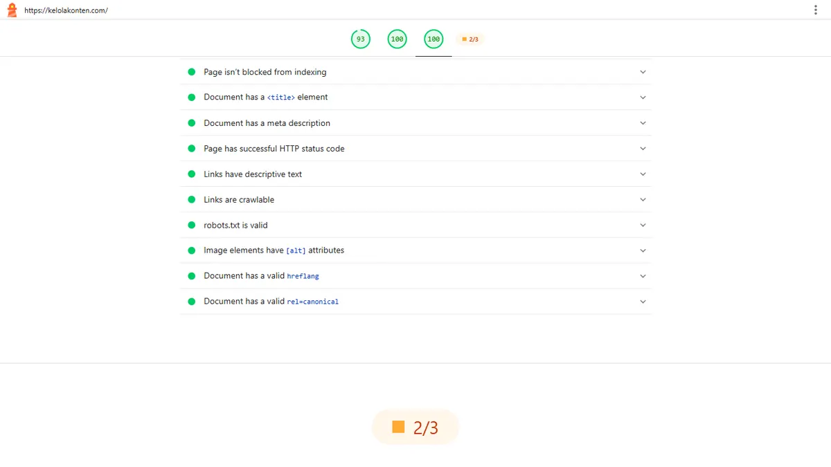 Daftar sepuluh pemeriksaan SEO Lighthouse yang lolos, antara lain halaman tidak diblokir dari pengindeksan, ada elemen title, ada meta description, status HTTP berhasil, dan canonical valid