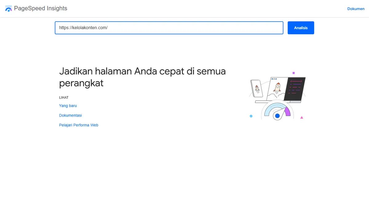 Beranda PageSpeed Insights dengan alamat https://kelolakonten.com/ terisi di kolom URL dan tombol Analisis di sebelah kanan