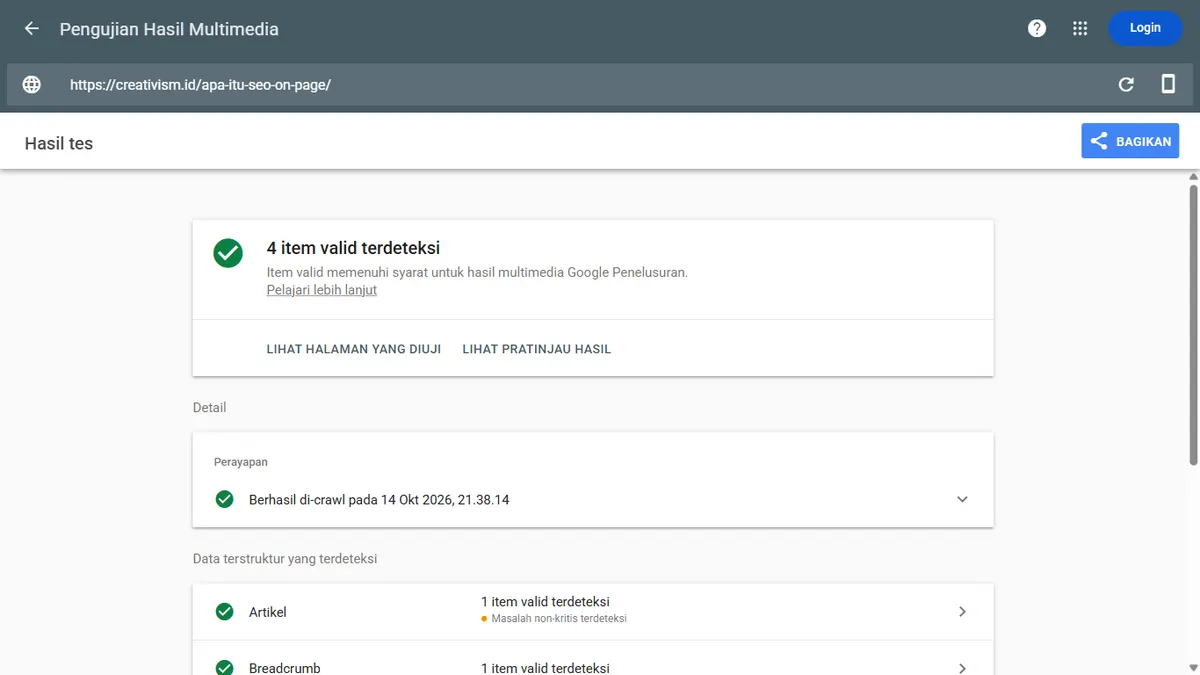 Hasil Pengujian Hasil Multimedia untuk artikel creativism.id tanpa login: 4 item valid terdeteksi, berhasil di-crawl pada 14 Okt 2026, dan daftar data terstruktur yang dimulai dari Artikel dengan masalah non-kritis lalu Breadcrumb