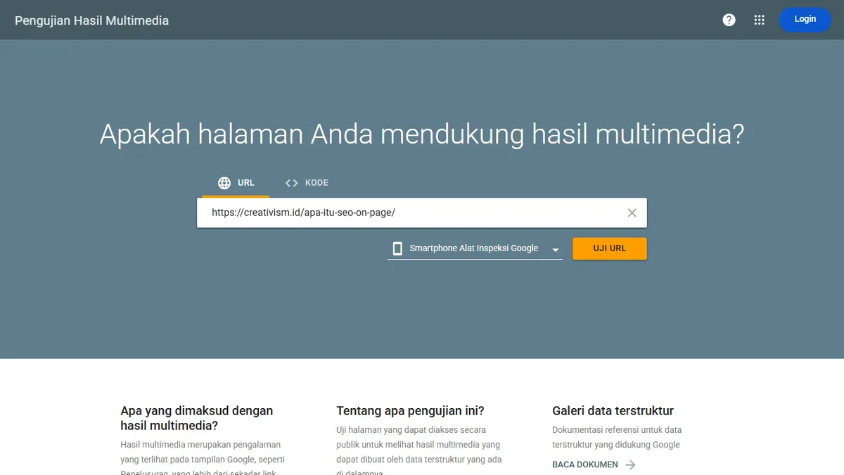 Halaman Pengujian Hasil Multimedia Google dengan alamat artikel creativism.id terisi di tab URL, pilihan Smartphone Alat Inspeksi Google, dan tombol Uji URL