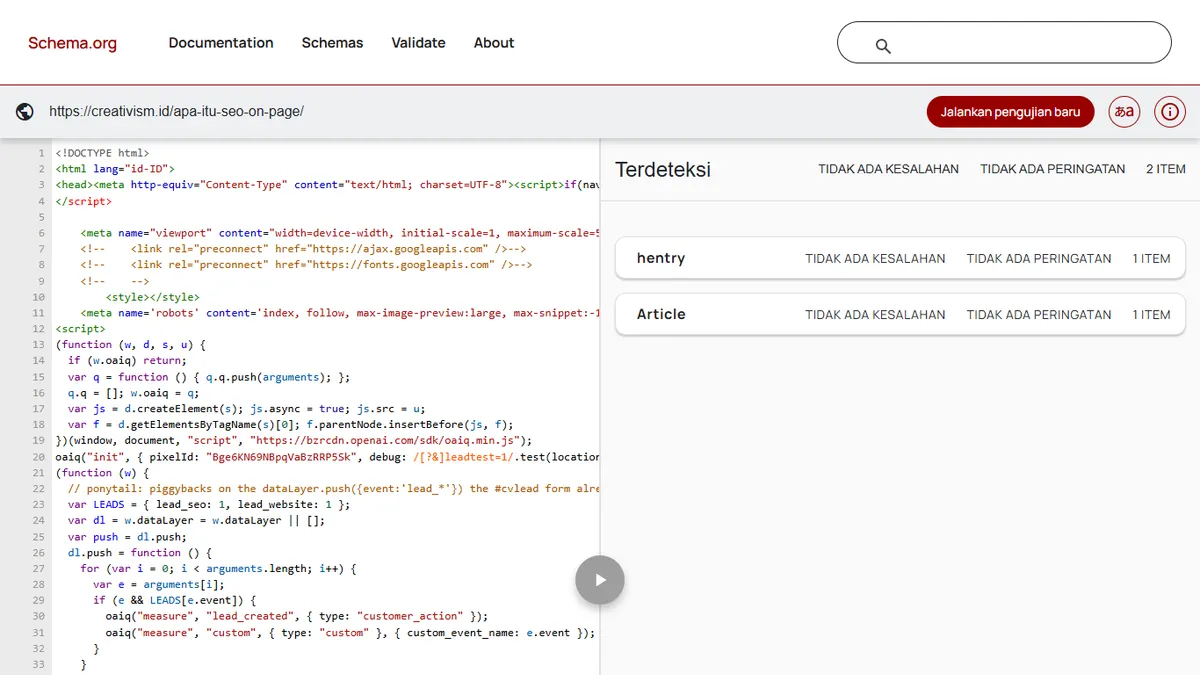 Hasil Schema Markup Validator untuk artikel creativism.id: dua item terdeteksi, hentry dan Article, tanpa kesalahan dan tanpa peringatan