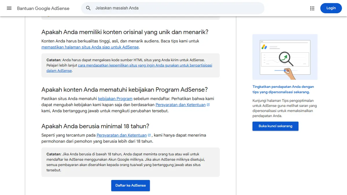 Halaman Bantuan Google AdSense tentang persyaratan kelayakan dengan tiga pertanyaan: konten orisinal, kepatuhan kebijakan Program AdSense, dan usia minimal 18 tahun