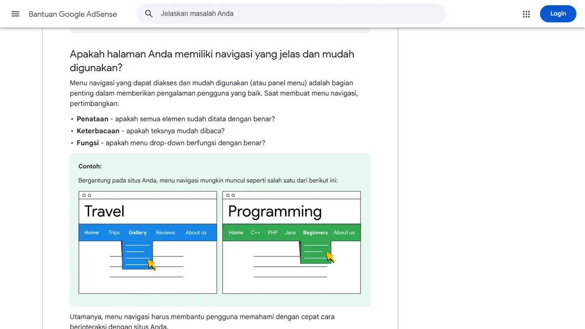 Halaman Bantuan Google AdSense tentang navigasi yang jelas, berisi tiga poin penataan, keterbacaan, dan fungsi menu, serta contoh menu situs Travel dan Programming