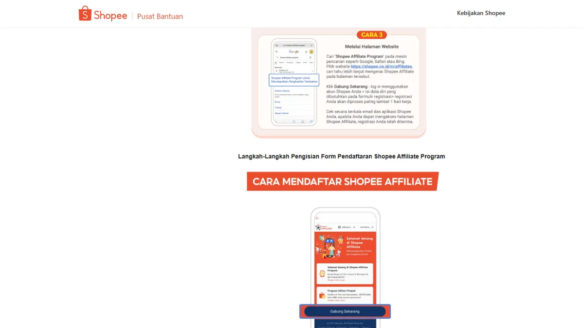 Tangkapan layar artikel Pusat Bantuan Shopee tentang cara mendaftar Shopee Affiliate Program, menampilkan Cara 3 melalui halaman website dan awal infografik dengan tombol Gabung Sekarang