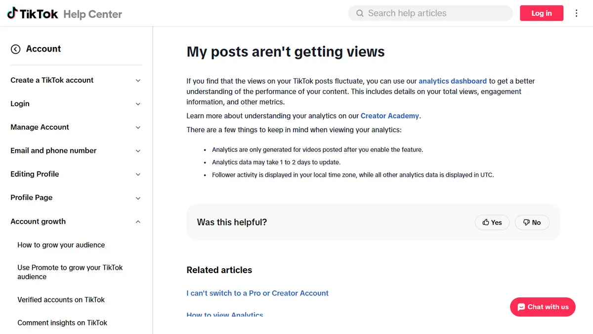Pusat Bantuan TikTok halaman My posts aren't getting views dengan catatan data analitik dan zona waktu aktivitas pengikut