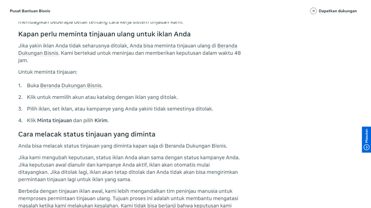 Halaman Pusat Bantuan Bisnis Meta tentang iklan yang ditolak, bagian Kapan perlu meminta tinjauan ulang dengan empat langkah dan target keputusan dalam 48 jam