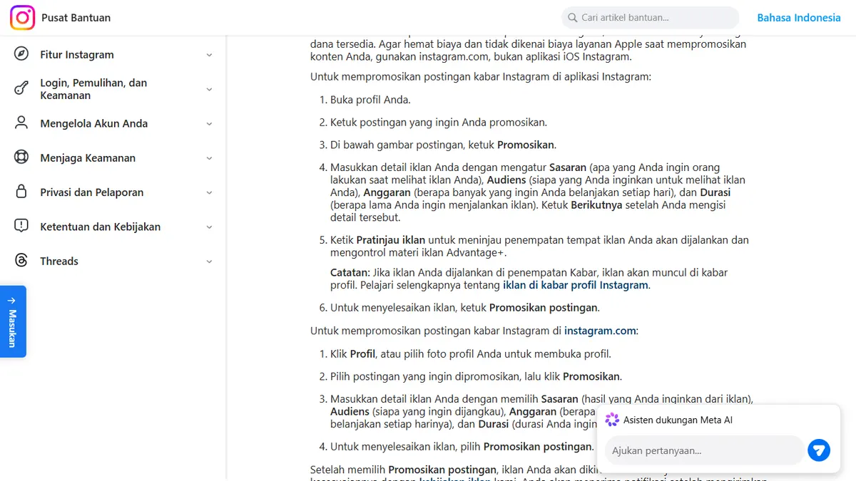 Halaman Pusat Bantuan Instagram berisi langkah bernomor untuk mempromosikan postingan kabar dari aplikasi Instagram dan dari instagram.com