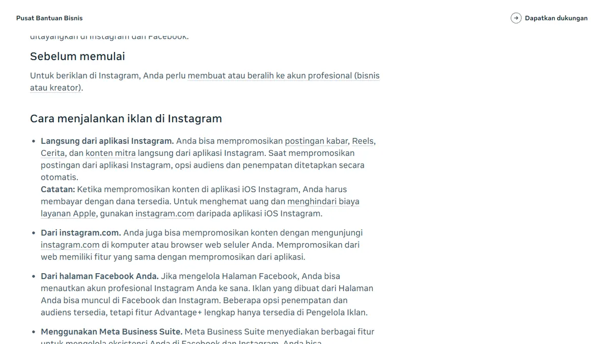 Halaman Pusat Bantuan Bisnis Meta berjudul Cara beriklan di Instagram, bagian Sebelum memulai yang menyebut syarat akun profesional dan daftar cara menjalankan iklan