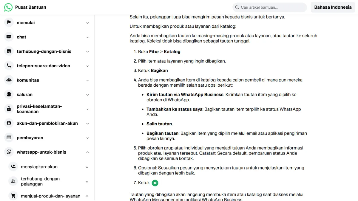 Tangkapan layar artikel Pusat Bantuan WhatsApp tentang membagikan tautan katalog, berisi langkah Fitur, Katalog, Bagikan dan empat pilihan cara berbagi