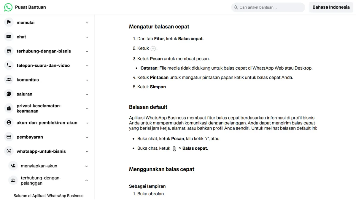 Tangkapan layar artikel Pusat Bantuan WhatsApp tentang cara mengatur balasan cepat dan balasan default yang dipanggil dengan mengetik garis miring