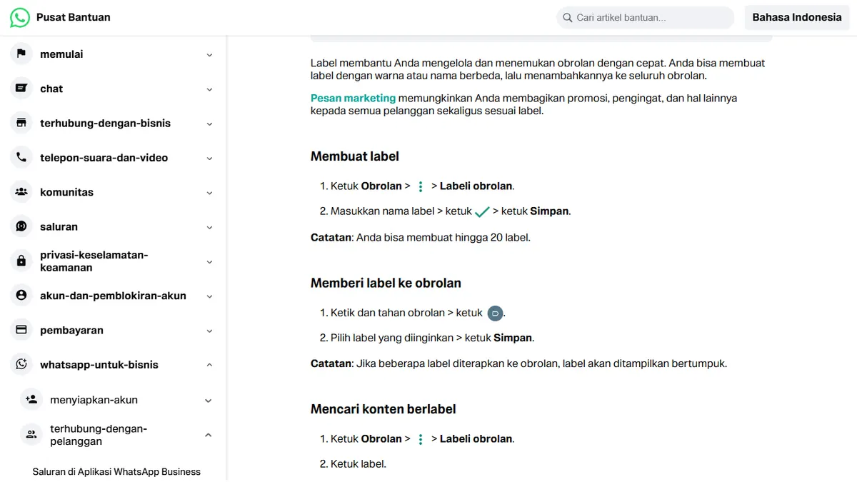 Tangkapan layar artikel Pusat Bantuan WhatsApp tentang cara membuat label dan memberi label ke obrolan, dengan catatan bisa membuat hingga 20 label
