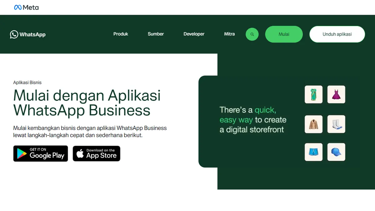 Tangkapan layar halaman Mulai dengan Aplikasi WhatsApp Business di whatsappbusiness.com dengan tombol Google Play dan App Store