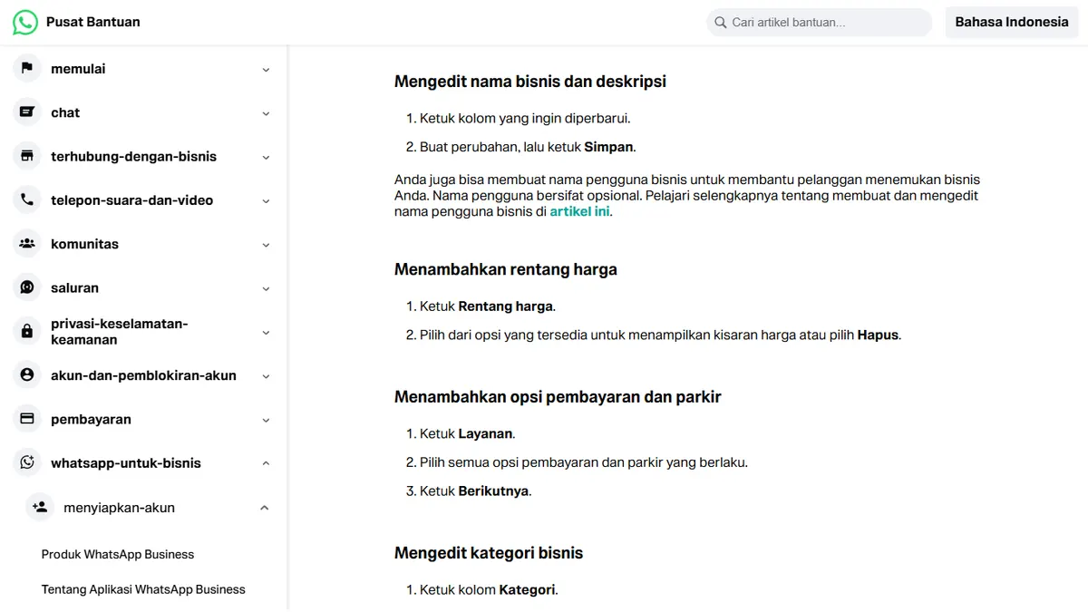 Tangkapan layar artikel Pusat Bantuan WhatsApp tentang cara mengedit profil bisnis, bagian nama bisnis dan deskripsi, rentang harga, serta opsi pembayaran dan parkir