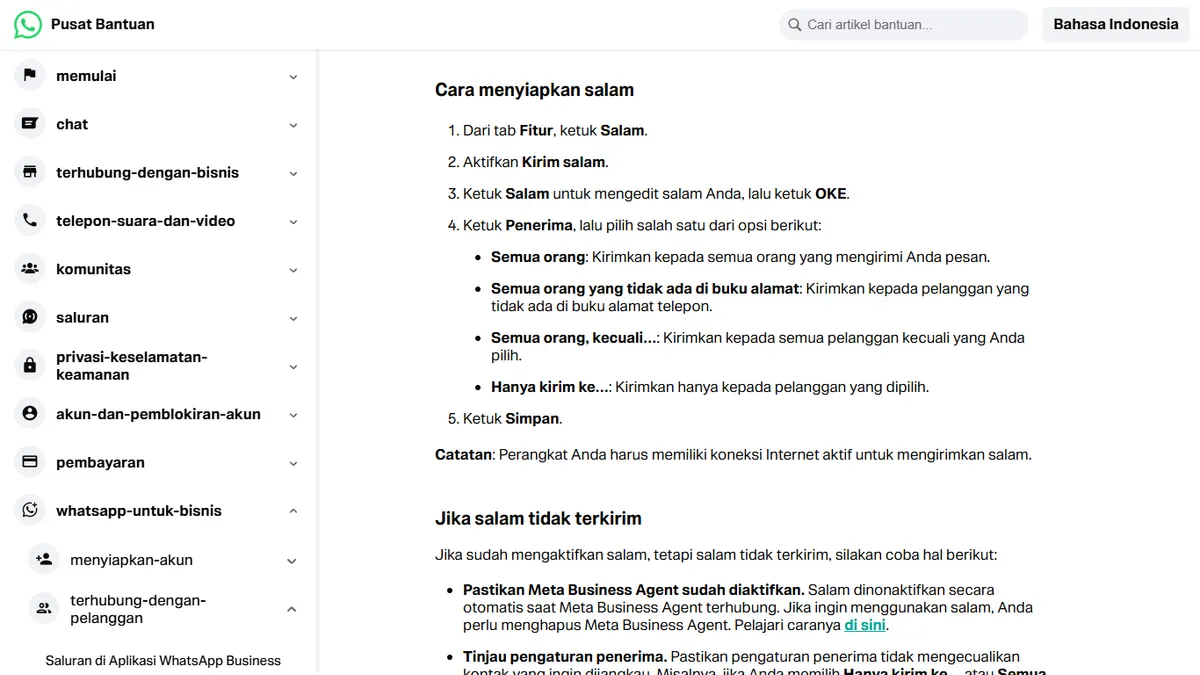Tangkapan layar artikel Pusat Bantuan WhatsApp tentang cara menyiapkan salam, berisi langkah mengaktifkan Kirim salam dan pilihan penerima