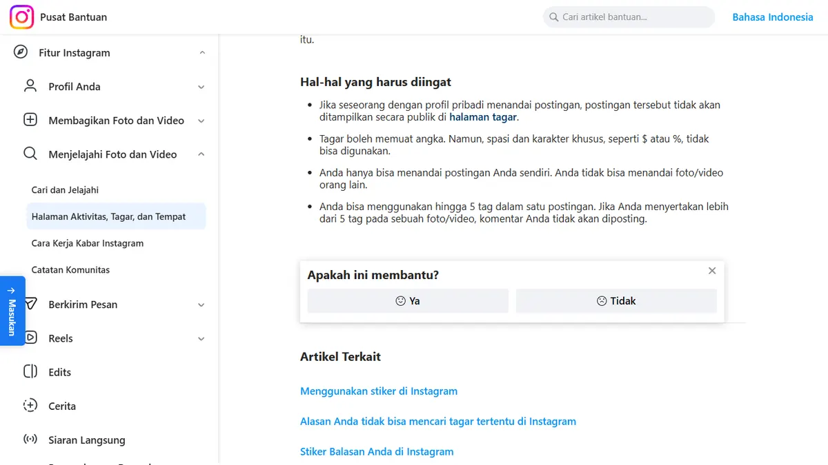 Tangkapan layar Pusat Bantuan Instagram halaman Menggunakan tagar, poin terakhir menyebut kamu bisa menggunakan hingga 5 tag dalam satu postingan