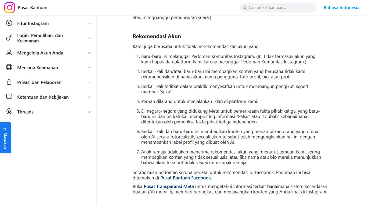 Tangkapan layar Pusat Bantuan Instagram bagian Rekomendasi Akun, poin 3 berbunyi berkali-kali terlibat dalam praktik menyesatkan untuk membangun pengikut, seperti membeli suka