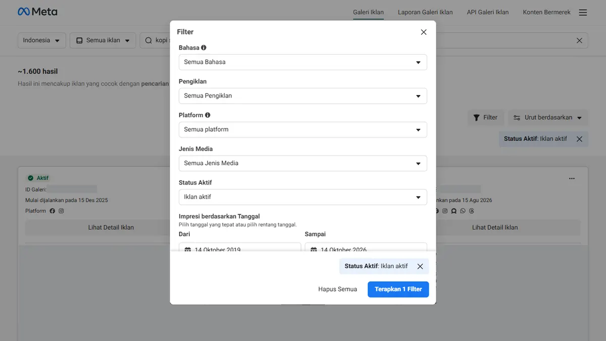 Panel Filter Galeri Iklan Meta berisi pilihan Bahasa, Pengiklan, Platform, Jenis Media, Status Aktif, dan Impresi berdasarkan Tanggal