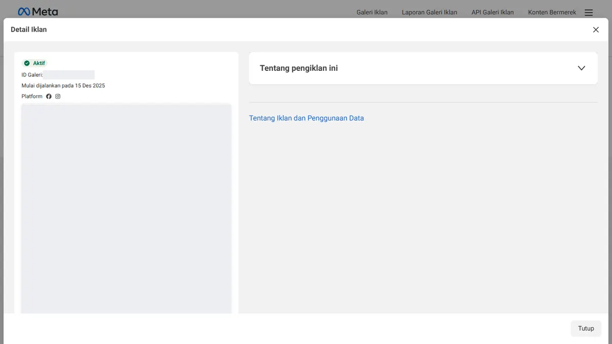 Jendela Detail Iklan di Galeri Iklan Meta dengan status Aktif, tanggal mulai dijalankan, ikon platform, dan bagian Tentang pengiklan ini