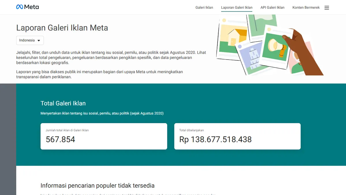Halaman Laporan Galeri Iklan Meta untuk Indonesia yang menampilkan jumlah total iklan dan total belanja iklan isu sosial, pemilu, atau politik sejak Agustus 2020